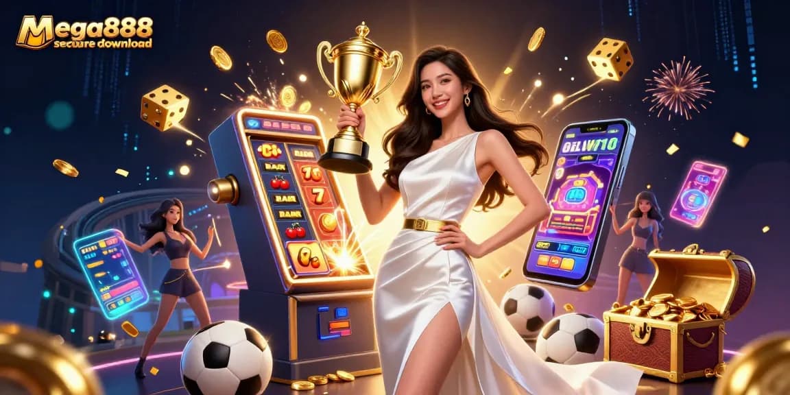 Engage in thrilling gameplay with mega888 secure download, featuring an Asian woman trophy holder amidst dynamic casino elements.