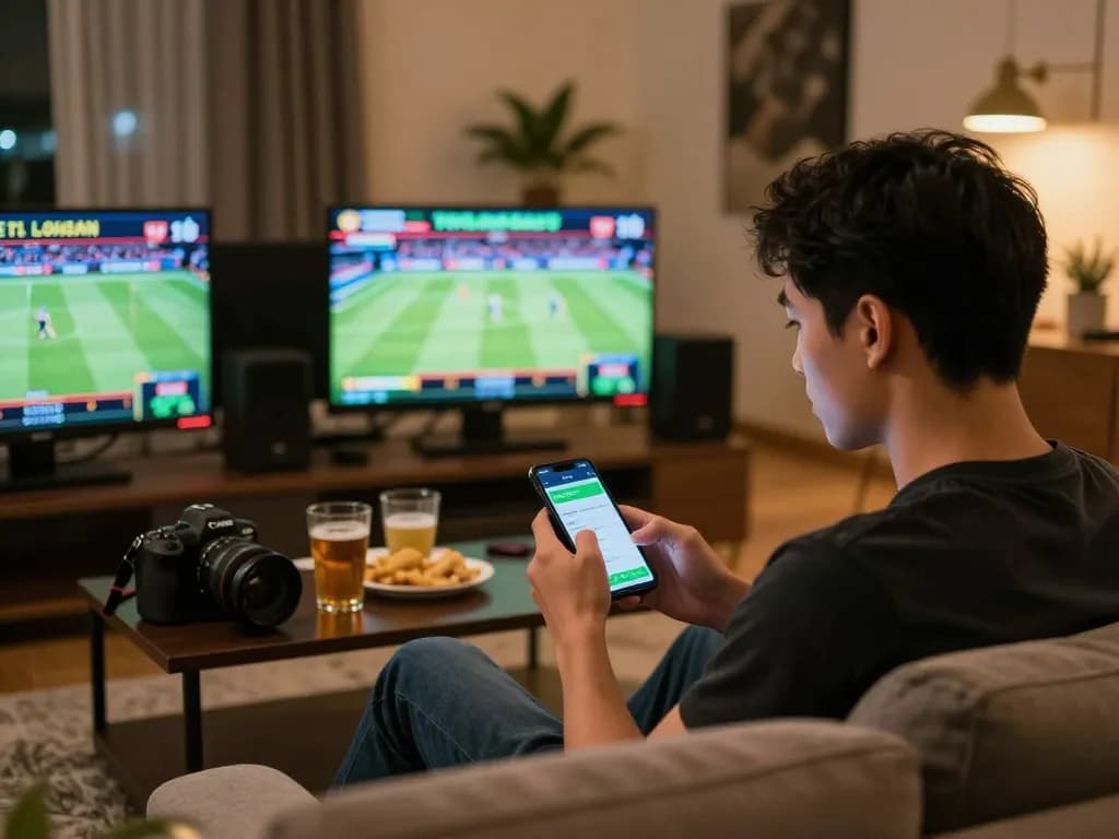 Engaging sports betting moment using tructiepbongda app on smartphone with live match updates.