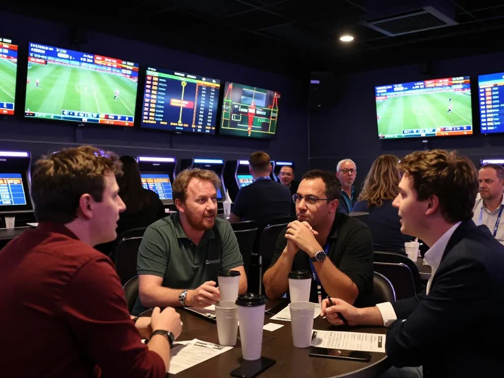 Engaged bettors at a busy sports betting venue analyzing Keo nha cai odds on screens.