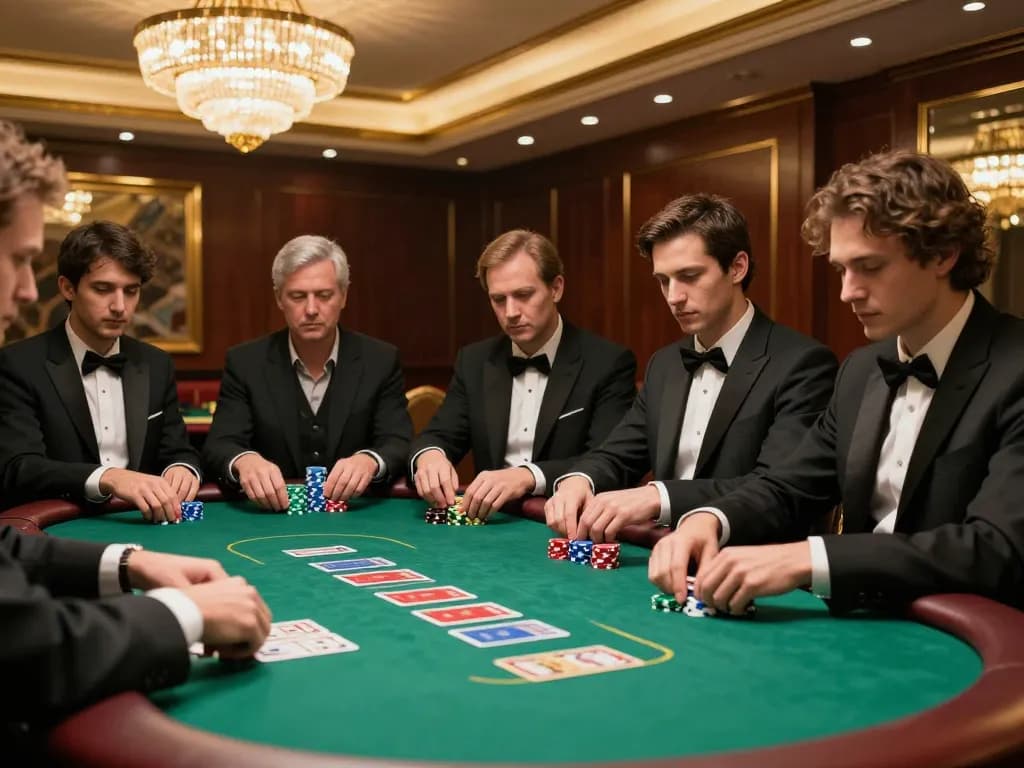 Players engaging in high-stakes poker at a luxurious casino table, showcasing the excitement of betting and strategy with 789 bet.