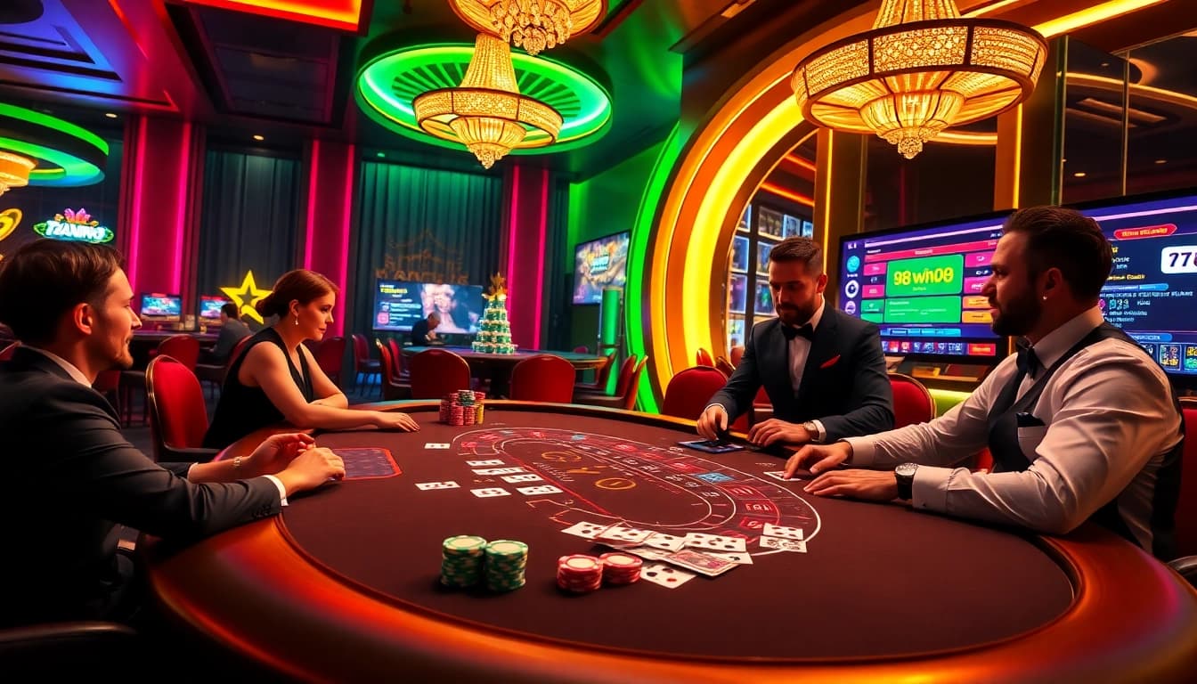 Engaging players at a Blackjack table showcasing the excitement of 98win98 in a luxurious casino setting.