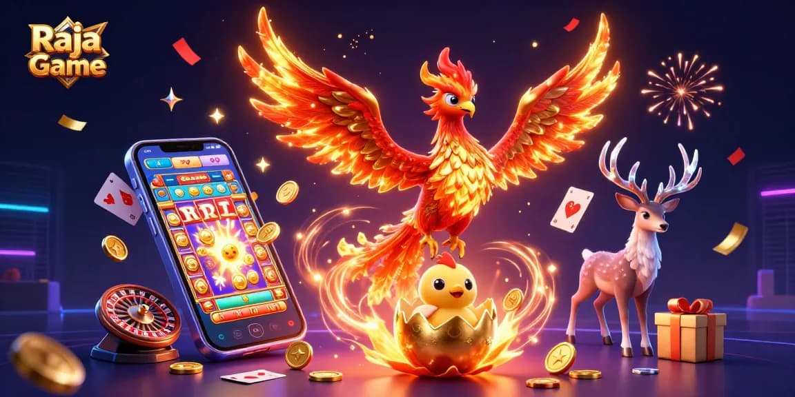 Play exciting games on Raja Game featuring a soaring fire phoenix and dynamic casino elements.