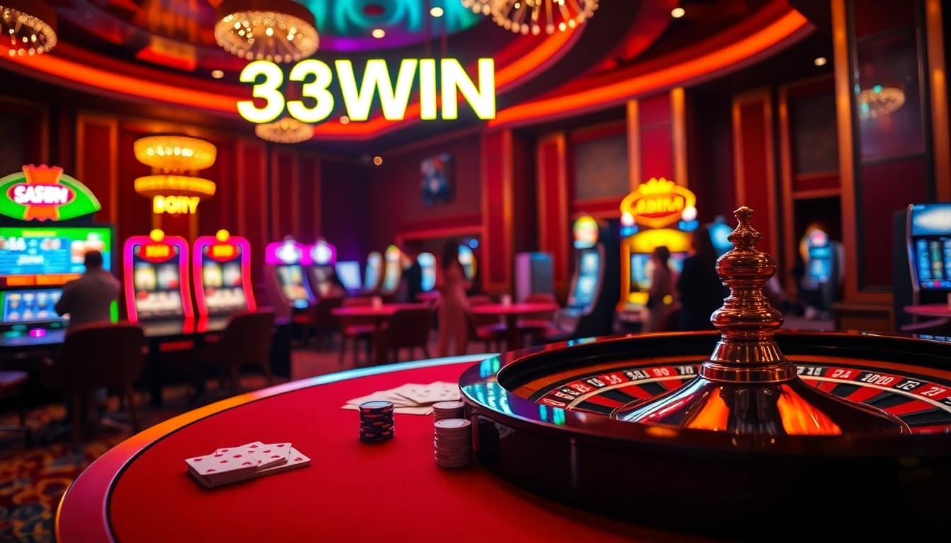 Experience the thrill of winning at 33WIN with vibrant casino scenes featuring poker tables and roulette.