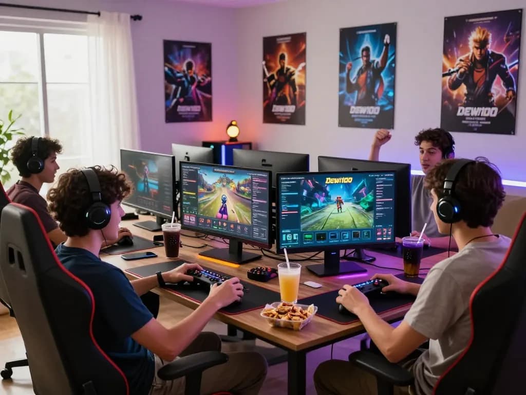 Vibrant Dewi100 online gaming scene with players cheering in a cozy, modern setup.