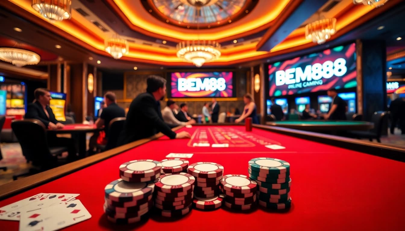 Engaged gamblers strategizing with BEM88 poker chips and cards at a lavish casino table.