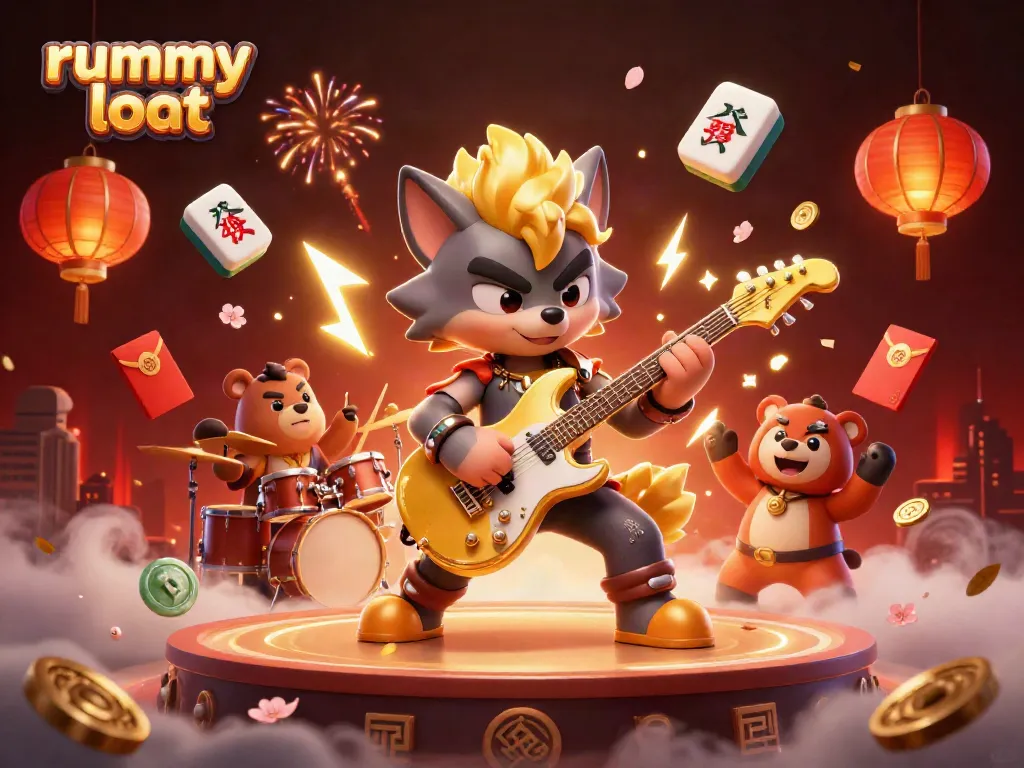 Experience rummy loot with an energetic rummy gaming scene featuring a rock star wolf and drummer bear.