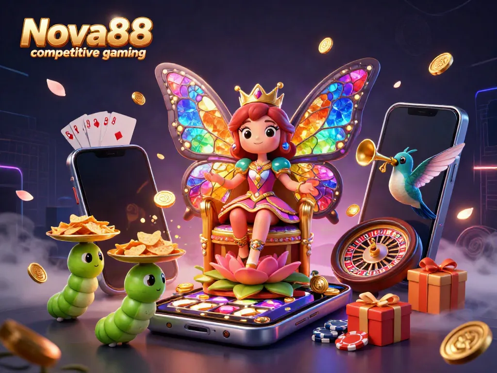 Experience the thrill of Nova88 competitive gaming in this vibrant 3D illustration filled with excitement.