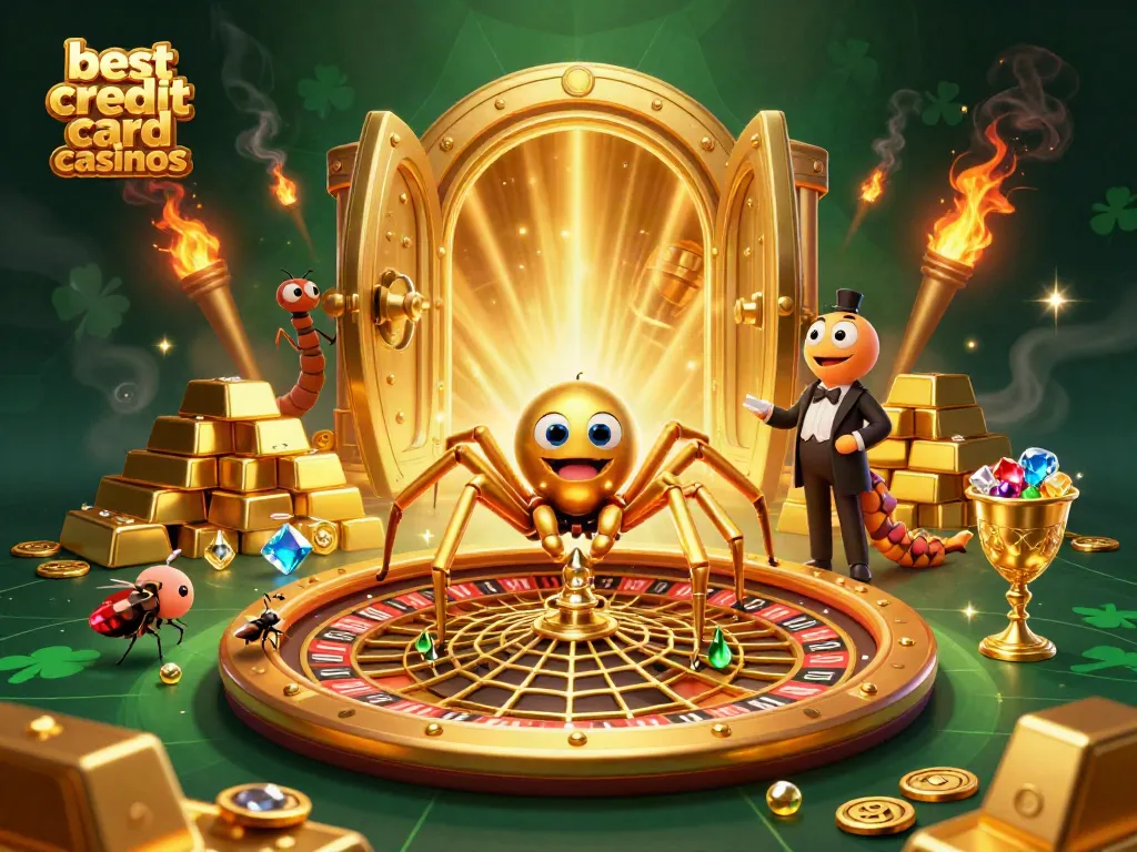 Visualizing the best credit card casinos scene with a spider, croupier, and treasure elements.