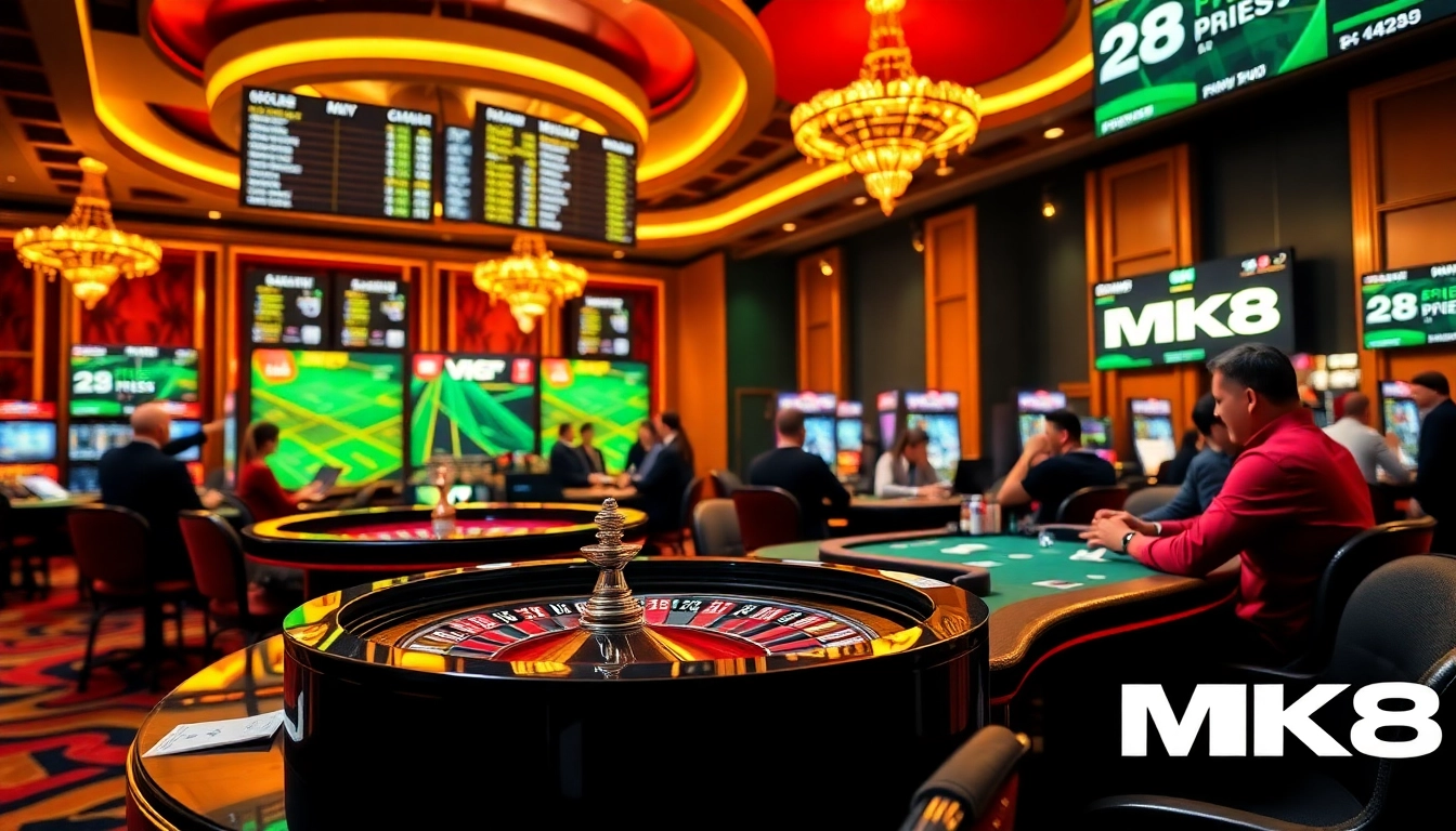 Experience the thrilling MK8 betting atmosphere with casino tables and excited gamblers.