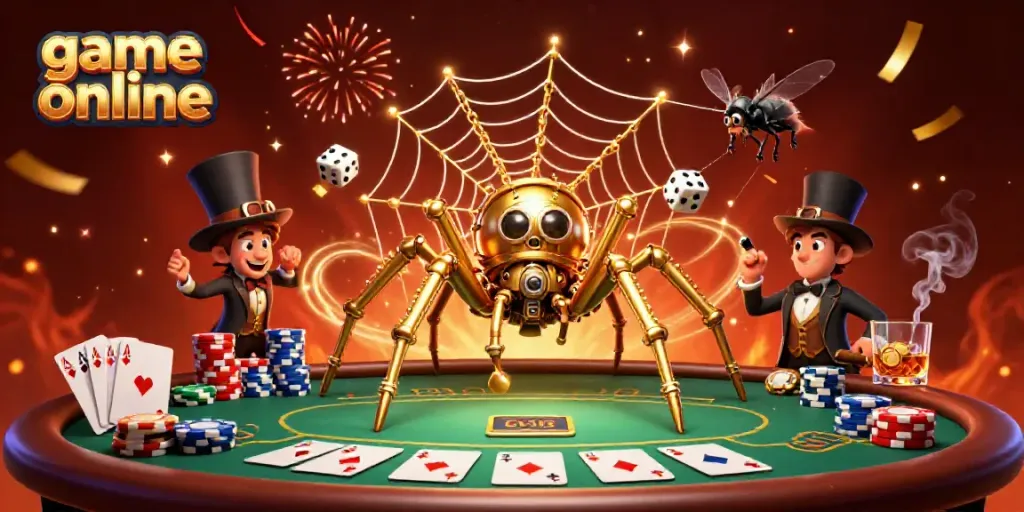 Experience thrilling game online action with a steampunk spider, poker elements, and vibrant visuals.