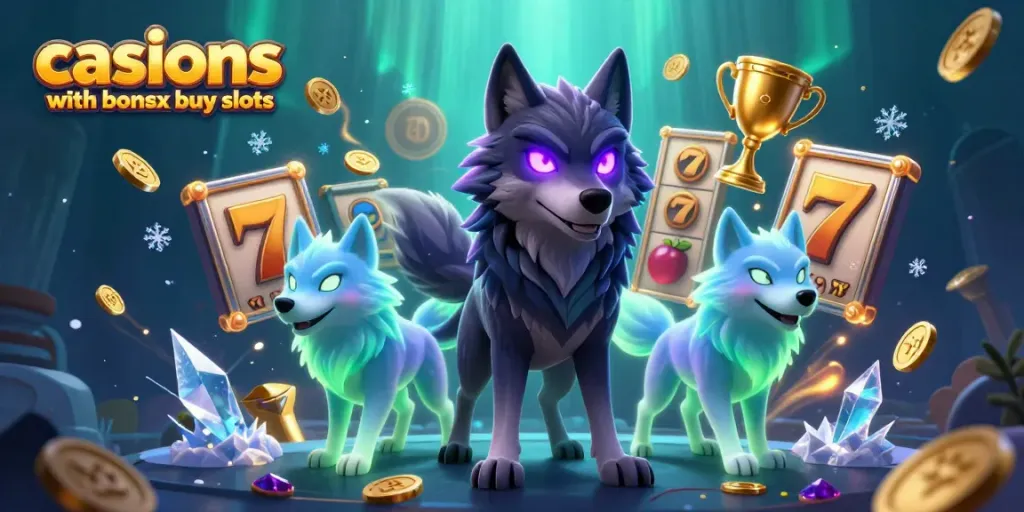 Engaging illustration of casinos with bonus buy slots featuring a wolf leader and lively casino elements.