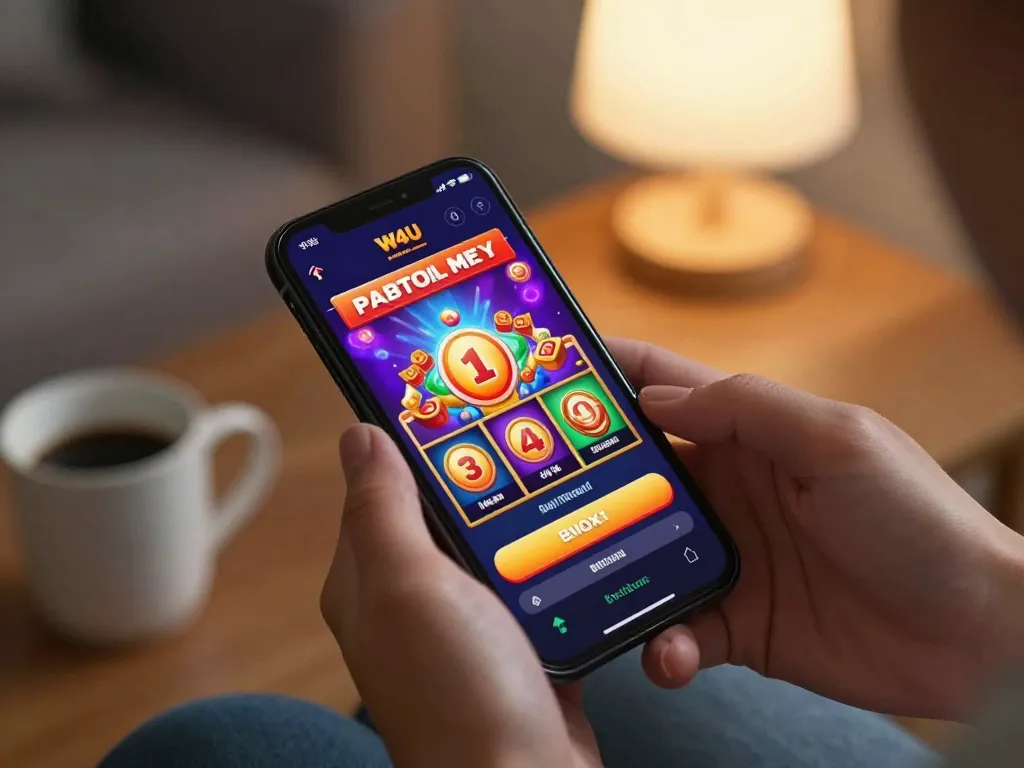 Engaging W4U casino mobile app interface with slot game action, showcasing daily bonuses.