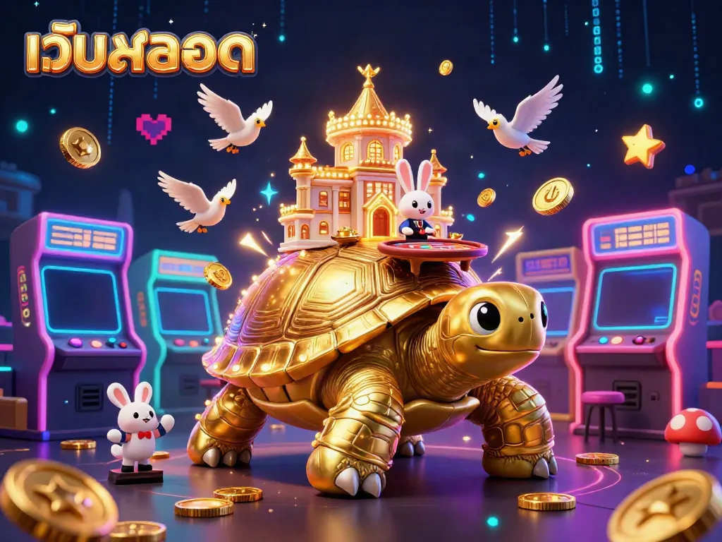 เว็บสล็อต และคาสิโน 3D สไตล์การ์ตูนสร้างสรรค์กับเต่าทองและดีลเลอร์กระต่าย