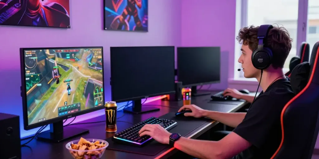 Engaged player at akunjp gaming setup immersed in a thrilling online game