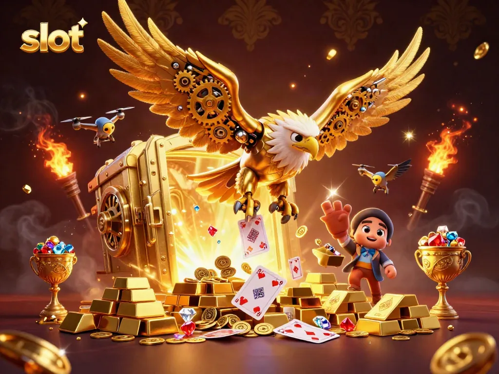 Engaging illustration of a cybernetic eagle amidst slot machines and treasure, symbolizing online slots excitement.