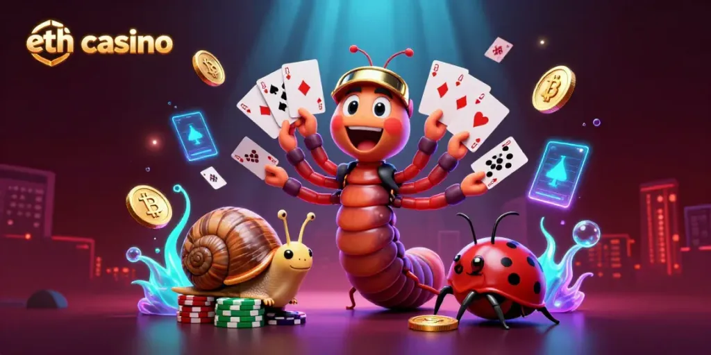 Experience the thrill of gaming at the eth casino, featuring a vibrant 3D cartoon millipede dealer and holographic displays.
