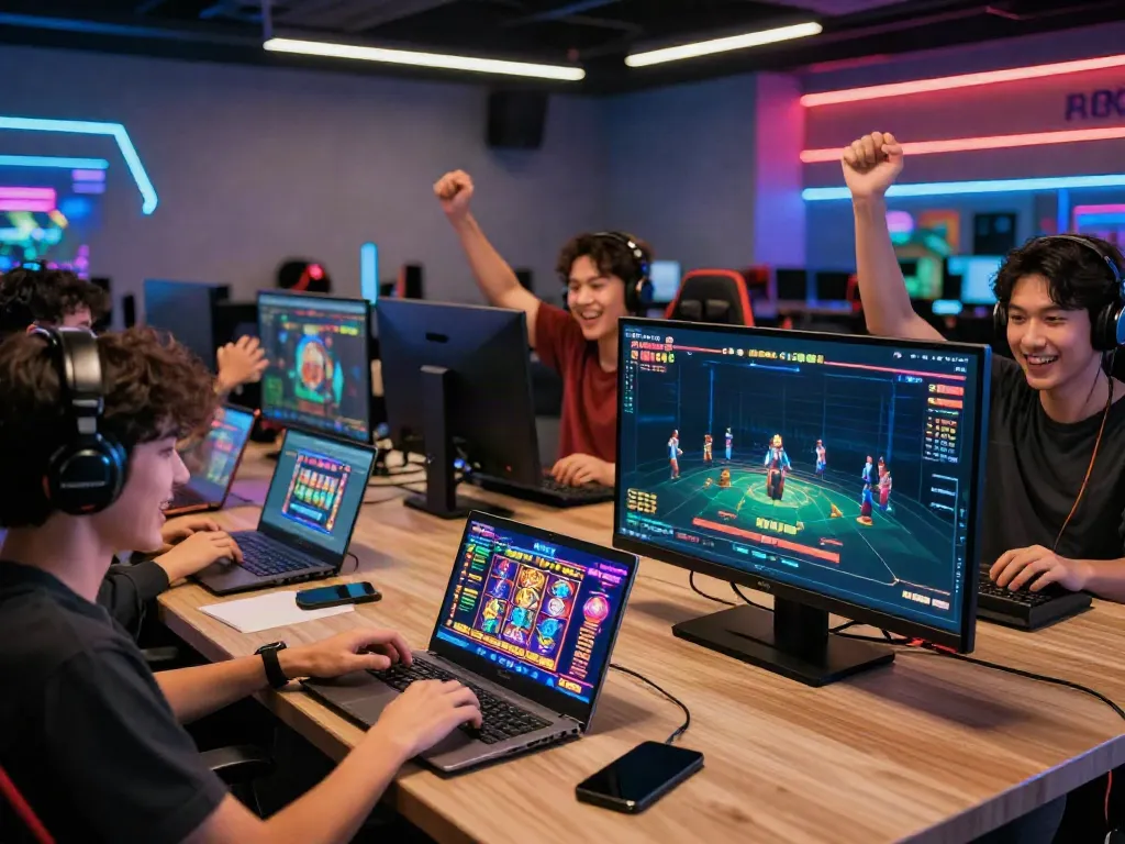 Excited players enjoying A80's online gaming platform on laptops and mobile devices in a vibrant gaming lounge.