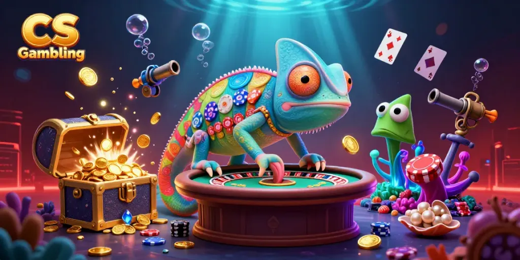 Engage in CS Gambling with a vibrant chameleon-themed casino scene featuring dynamic game elements.