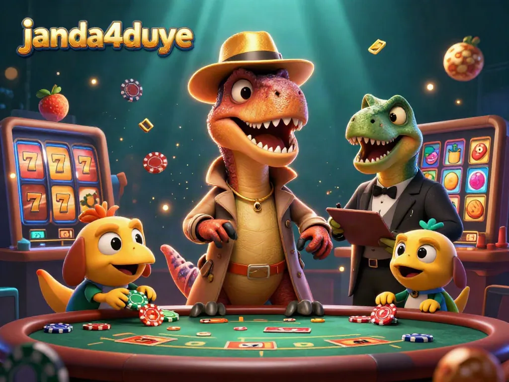 Gambarkan sensasi bermain di janda4duye dengan karakter kartun dinosaur yang beraksi di meja blackjack.