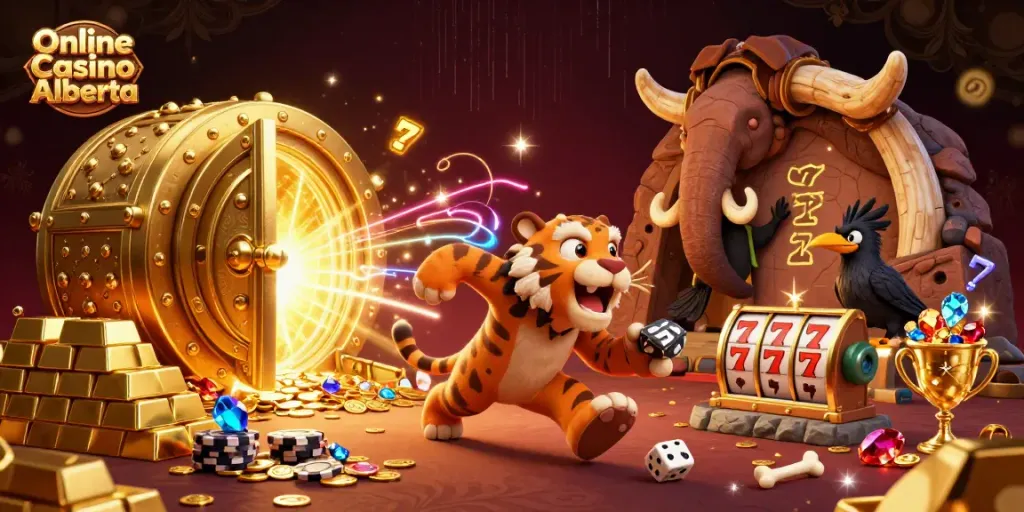 Experience thrilling games at Online Casino Alberta with vibrant 3D scenes featuring a playful caveman duo and treasures.