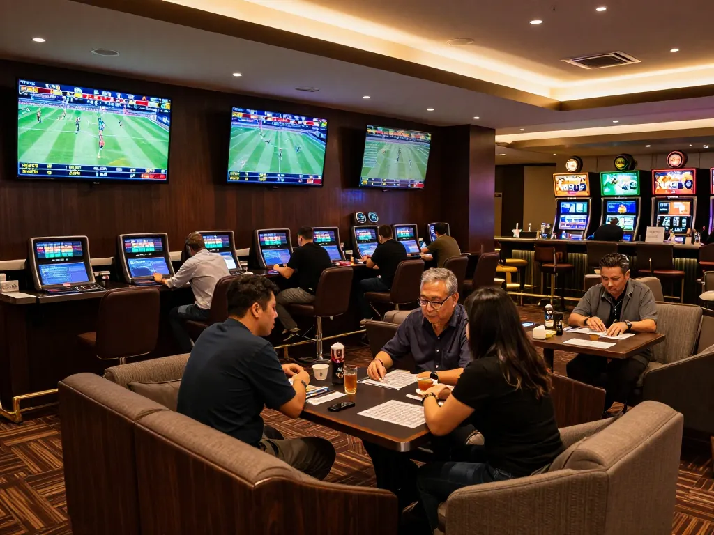 Experience tỷ lệ kèo trực tuyến in a lively sports betting lounge with patrons engaged in excitement and competitive betting.
