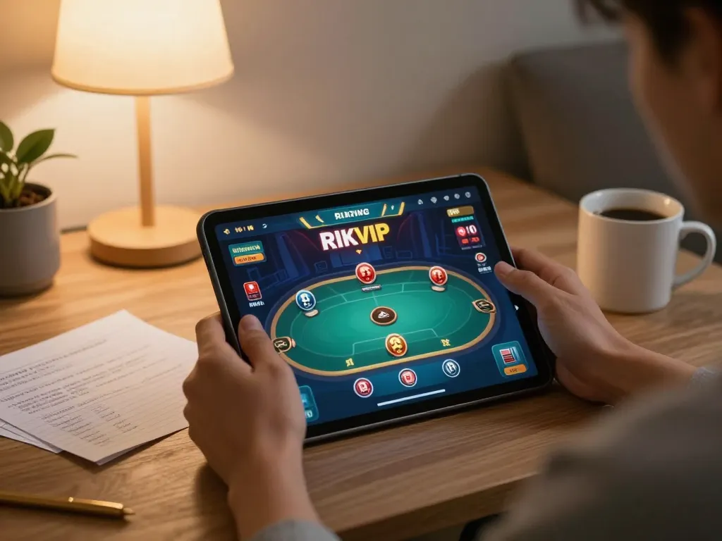 Engaging in online gambling at RIKVIP on a tablet, with strategy notes and cozy home surroundings.
