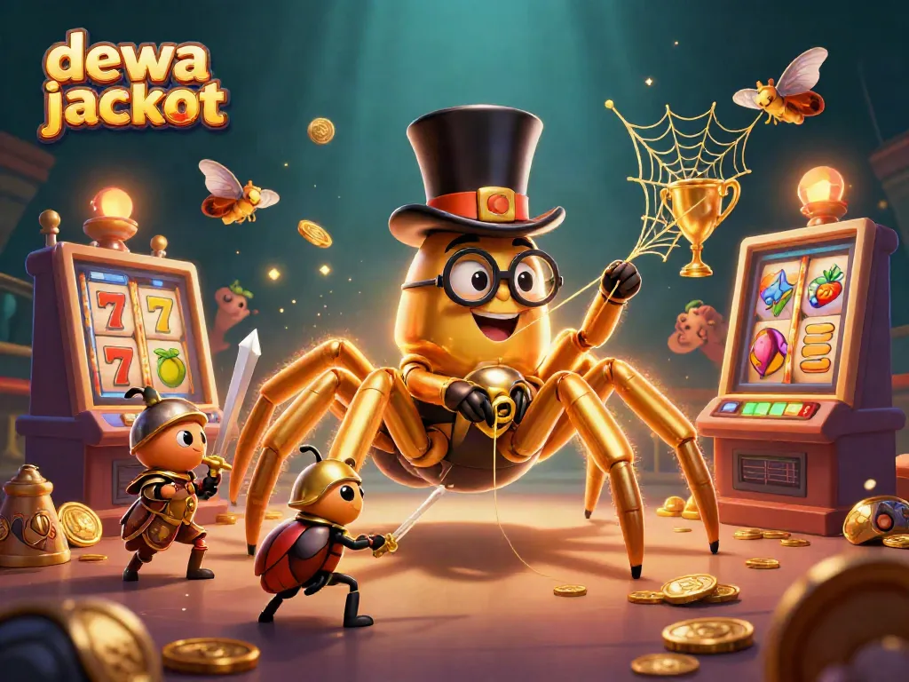 Permainan dewa jackpot sedang berlangsung dengan simbol slot berkilauan dan karakter lucu menyaksikan dari dekat.