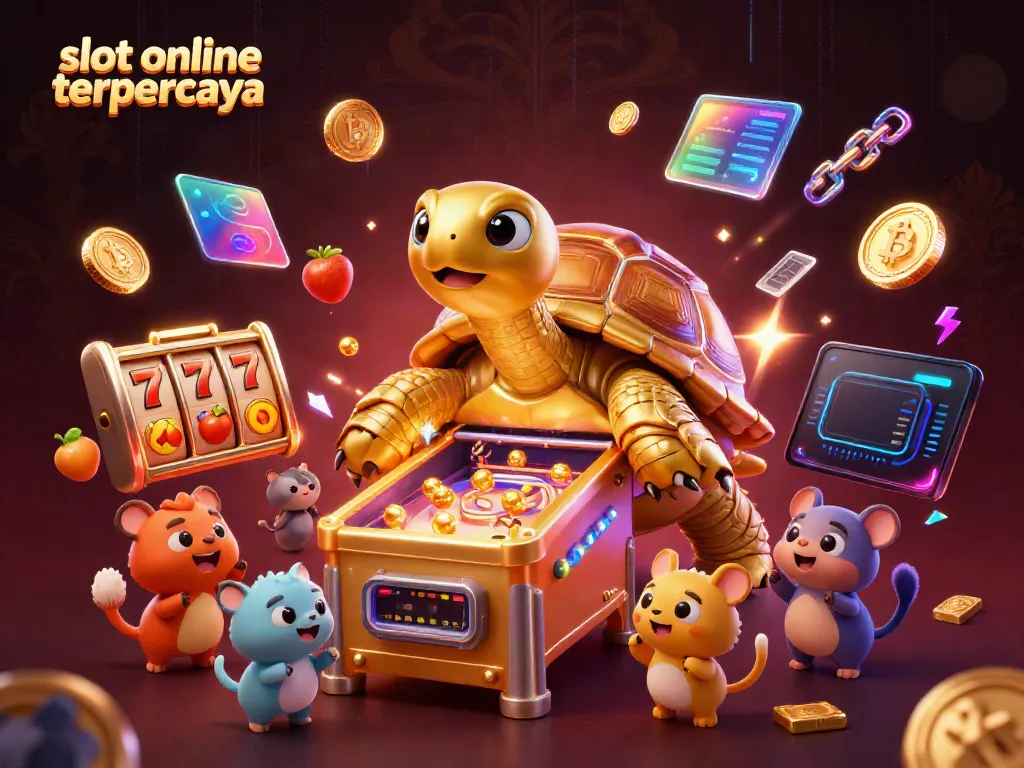 Maksimalkan peluang di slot online terpercaya melalui ilustrasi menarik dengan simbol jackpot dan karakter lucu.