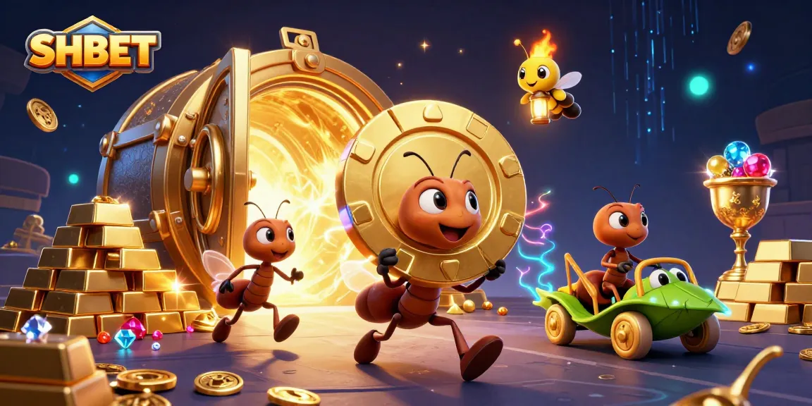 SHBET ants in a heist with a golden poker chip, showcasing a thrilling casino adventure