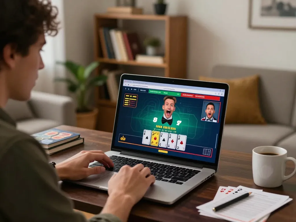 Canada online casinos gaming excitement as player engages with blackjack on laptop in cozy home.