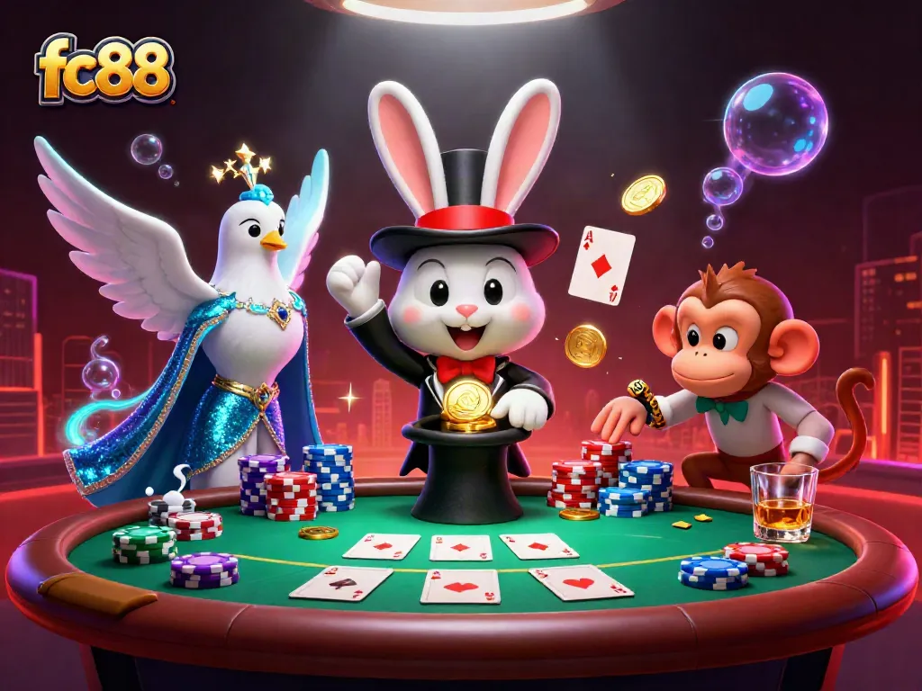Engage with fc88 as the magician rabbit dazzles, spilling golden coins on a vibrant poker scene.