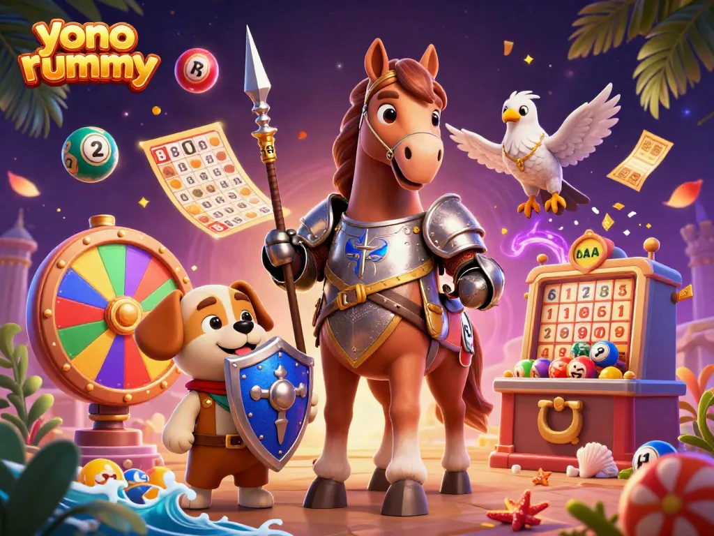 Gambaran dinamis Yono Rummy dengan elemen permainan seperti bola lotere, kartu bingo, dan banyak lagi.