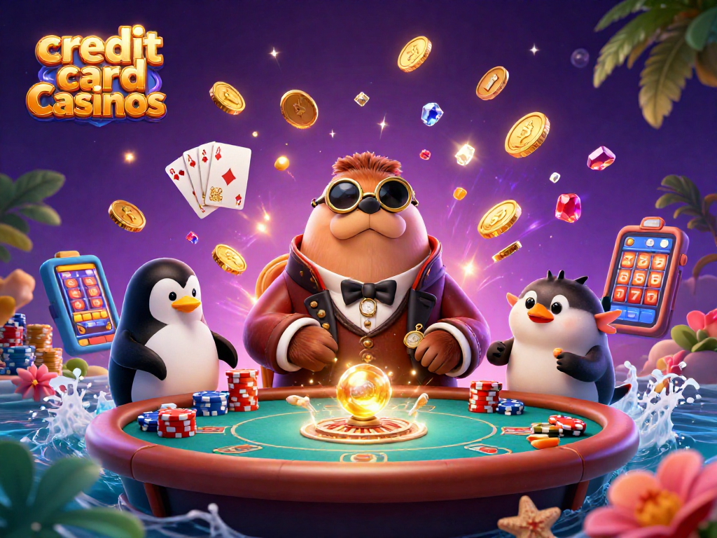 Experience fun at credit card casinos with a walrus, penguin dealer, and bluffing pufferfish in a vibrant underwater poker scene.