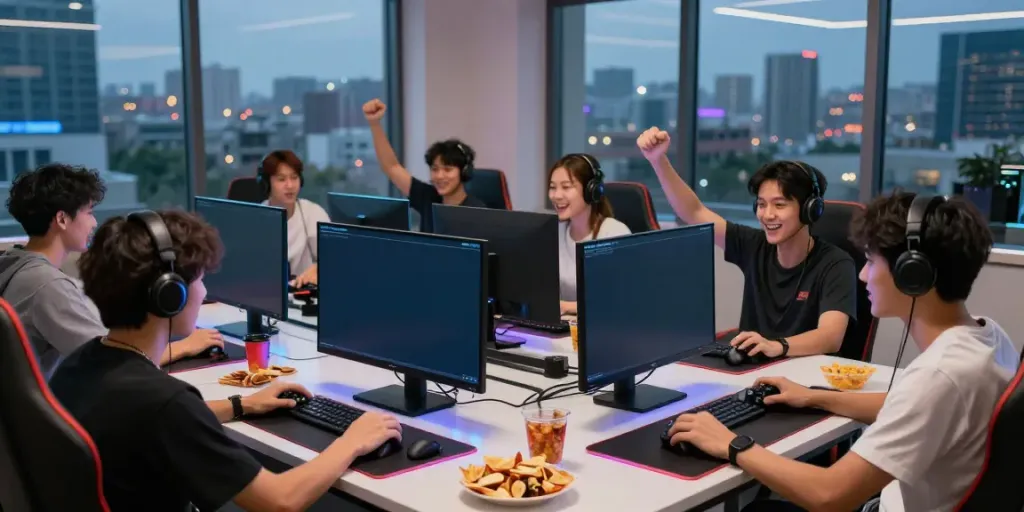 Group of friends enjoying ORION88 APK gaming experience in a vibrant atmosphere.