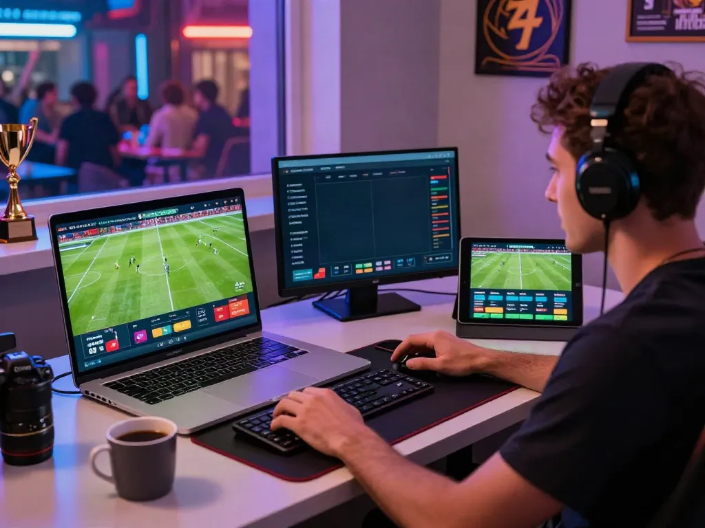 Player enjoying sports betting at https://xx88.day/ with multiple screens and a vibrant atmosphere.