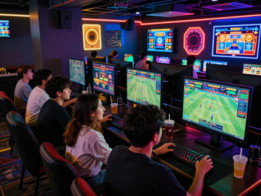Exciting gaming lounge scene with players enjoying 88aa vip experience, vibrant atmosphere and live sports screens.