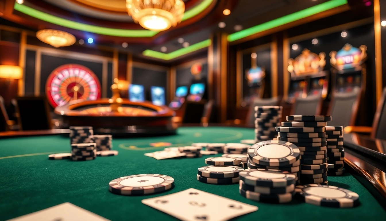 Experience thrilling poker action at 13Win with chips and cards in a luxurious casino setting.