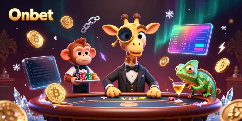 Experience high-stakes gambling with Onbet's vibrant casino scene featuring a giraffe, monkey, and chameleon
