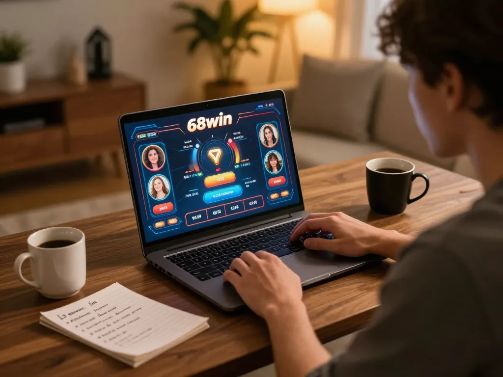 Engaged player placing bets on 68win's online casino interface at home, surrounded by strategy notes.