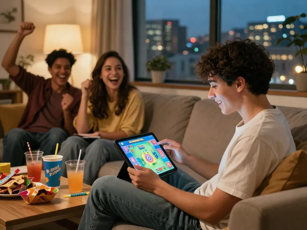 Engaged player enjoying Rumble Rummy on tablet with friends in cozy living room.