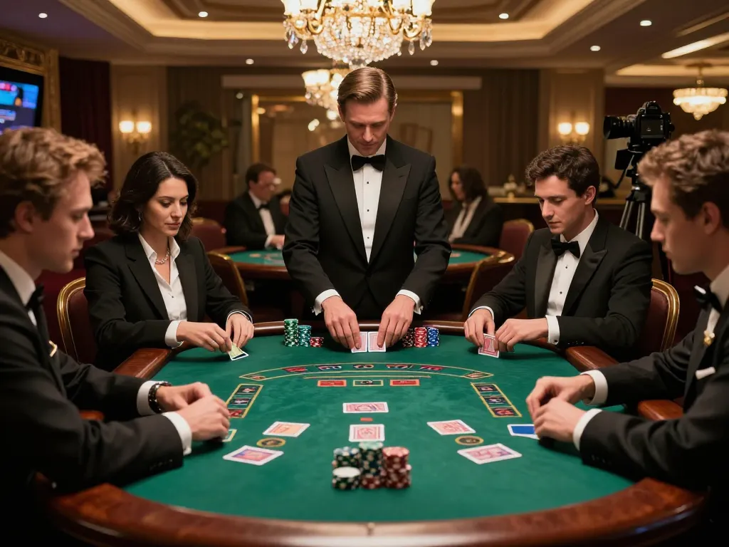 MM 99 blackjack players strategizing bets at a luxurious casino table.