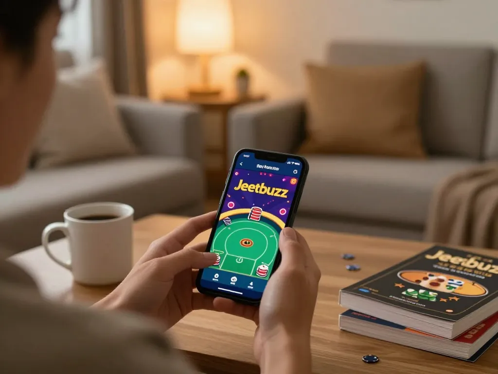 Person using the Jeetbuzz app for poker gameplay on smartphone in a cozy home setting