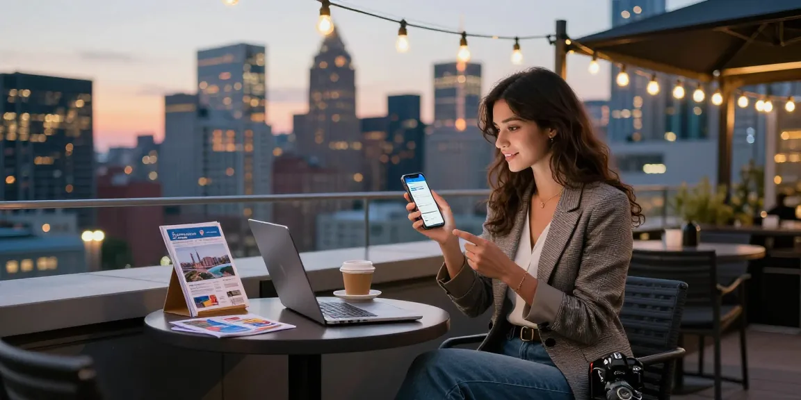 A young woman explores flight options on her smartphone for AA88 while enjoying a city skyline view.