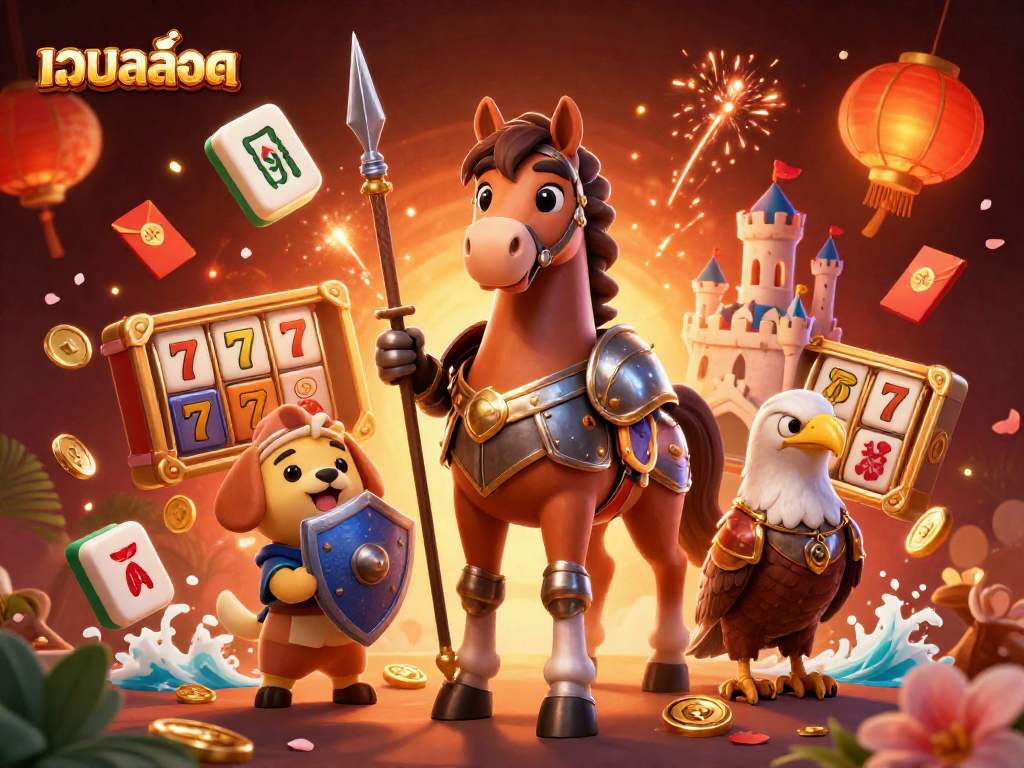 Engage with เว็บสล็อต featuring a medieval knight, squire puppy, and falcon amid casino-themed elements.