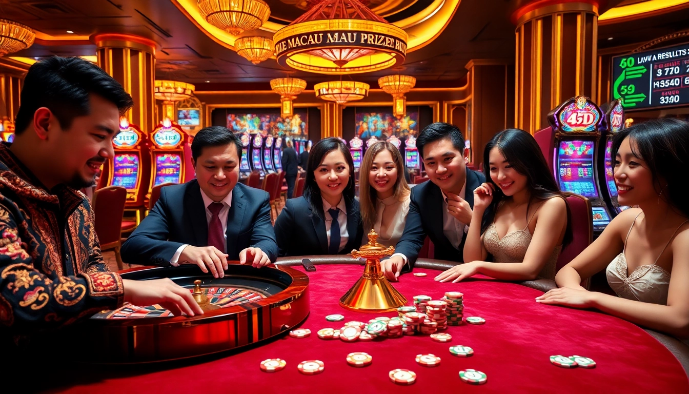 Experience the thrill of the Macau Prize draw as players engage at a classy casino table.