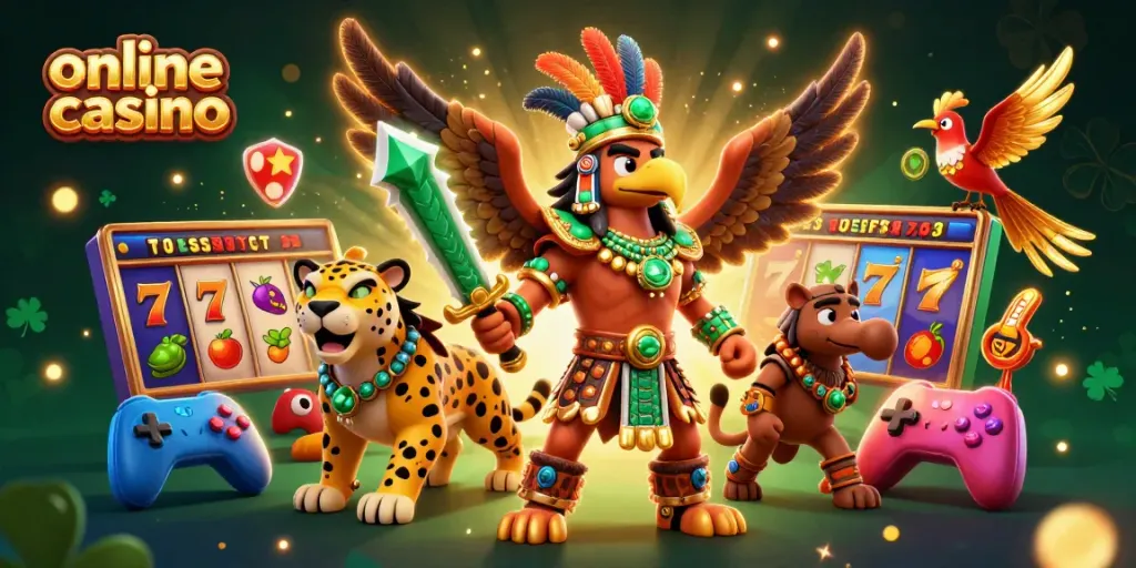 Experience the vibrant energy of an online casino scene with Aztec warriors and colorful slot reels.