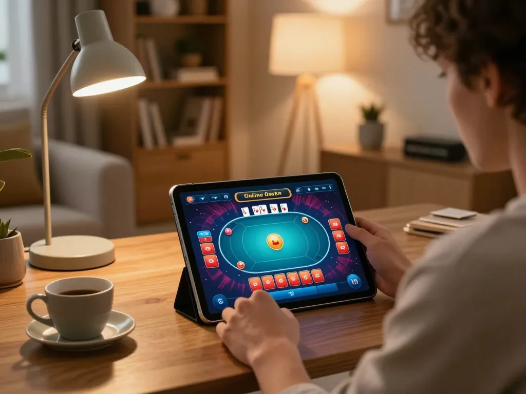Engagement with sun win online poker platform on a tablet in a cozy home setting.