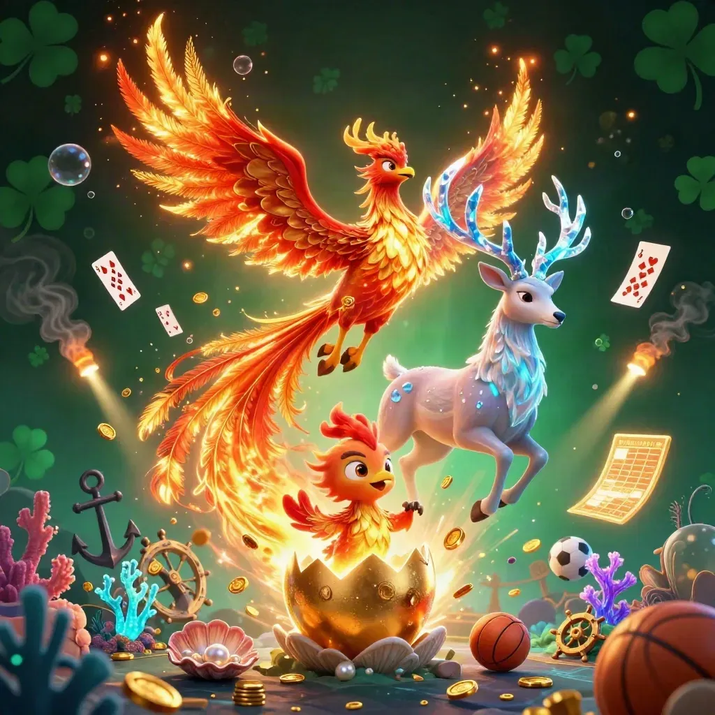 Phoenix, stag, and baby phoenix amid treasure, coral, coins, and electric-blue casino glow.