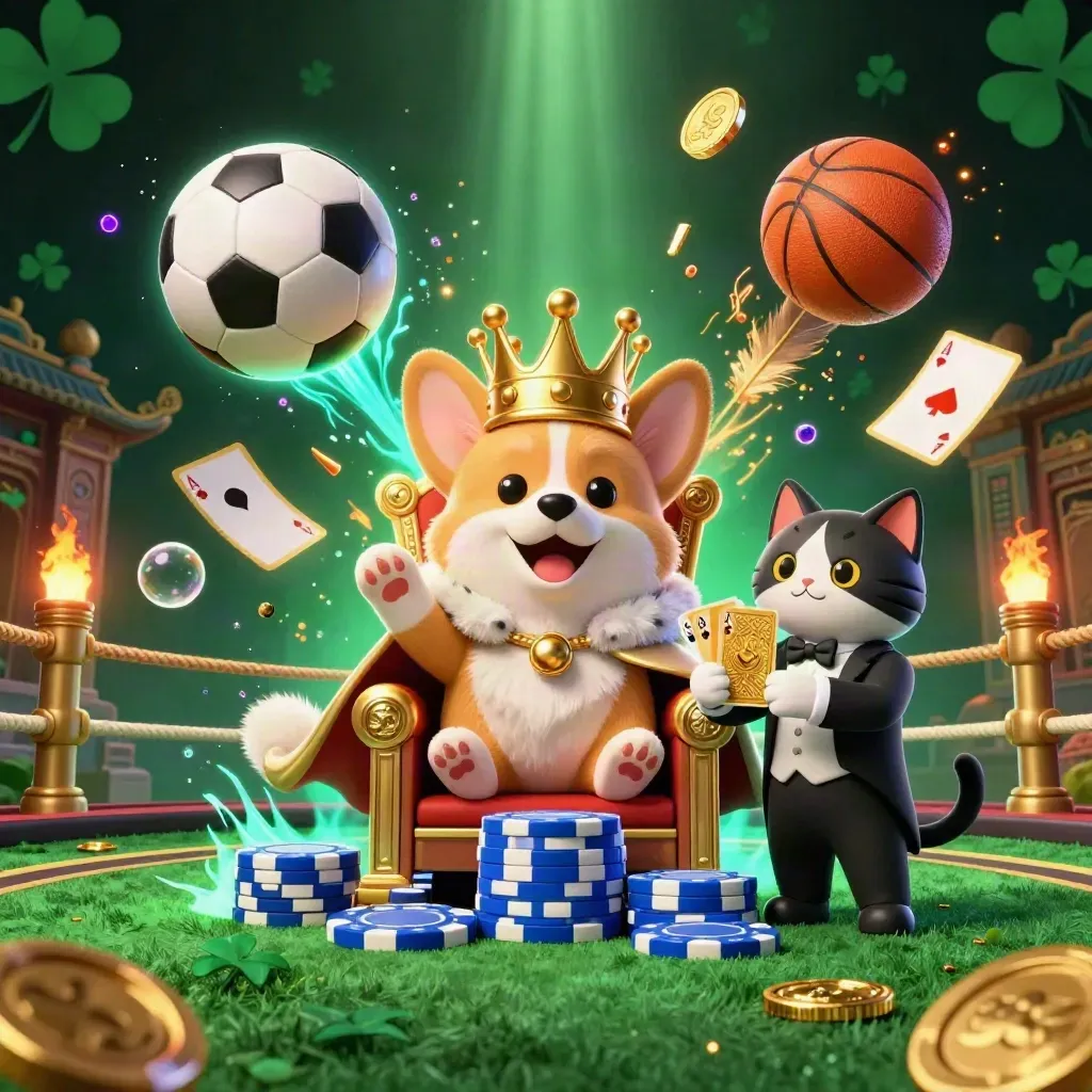 Royal corgi and cat butler amid flying sports balls, coins, and neon casino lights.