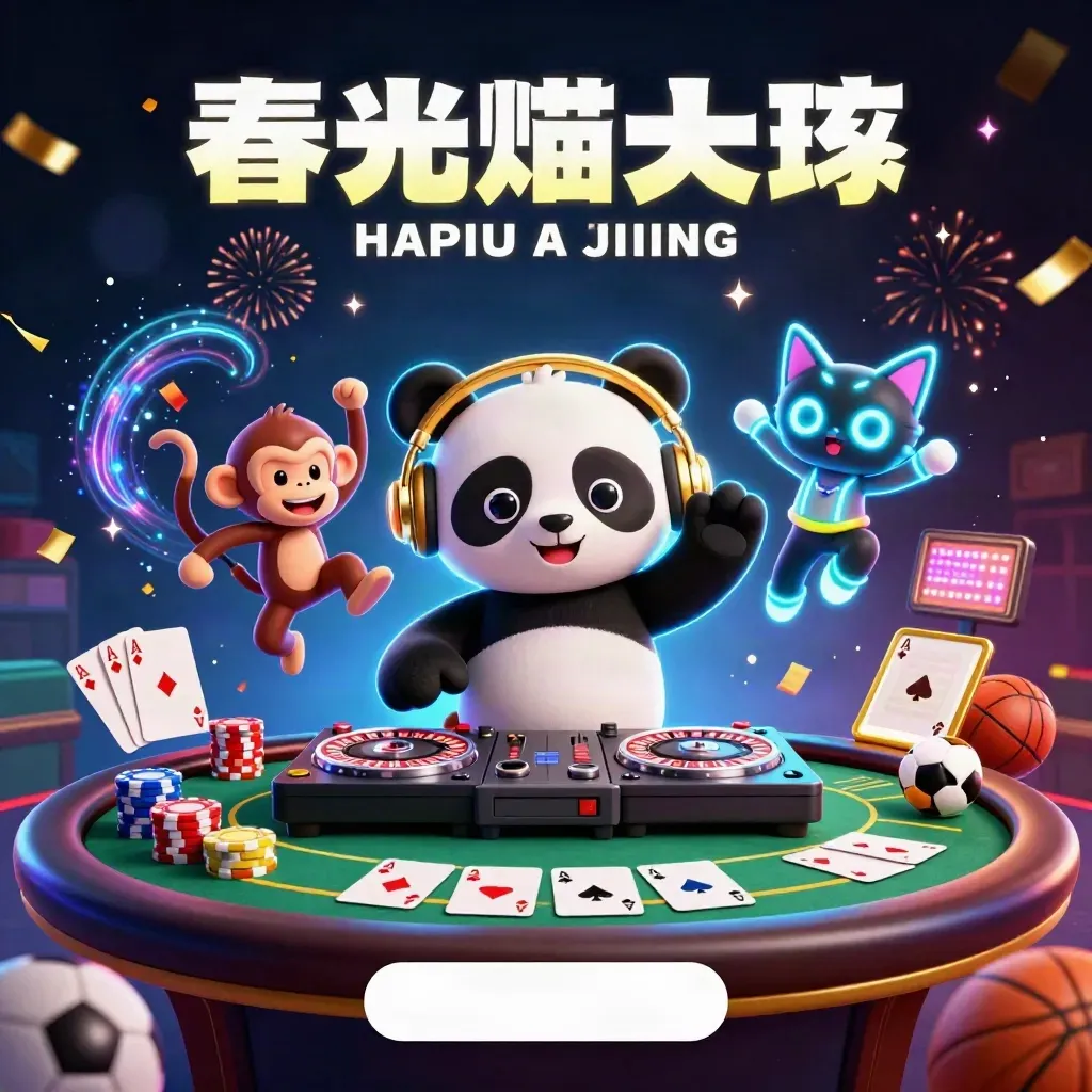 DJ panda, monkey, and glow kitten in a neon casino-rave scene with cards, chips, and fireworks